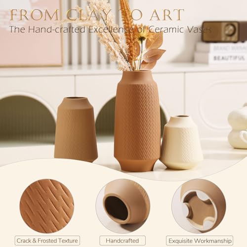 Ceramic Vase Set of 3 - Handcrafted Ceramic Vases for Home Decor & Shelf - Modern Farmhouse Decor for Kitchen, Office, Bedroom & Living Room Decorative Objects for Mantel, Table Centerpieces