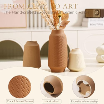 Ceramic Vase Set of 3 - Handcrafted Ceramic Vases for Home Decor & Shelf - Modern Farmhouse Decor for Kitchen, Office, Bedroom & Living Room Decorative Objects for Mantel, Table Centerpieces