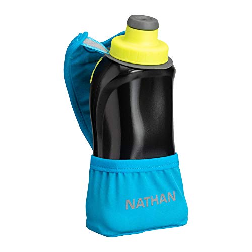 Nathan Running Handheld Water Bottle Adjustable No-Grip Quick Squeeze Lite Hand Strap. Reflective Hydration - color: Finish Lime / Blue Me Away, style: 12oz