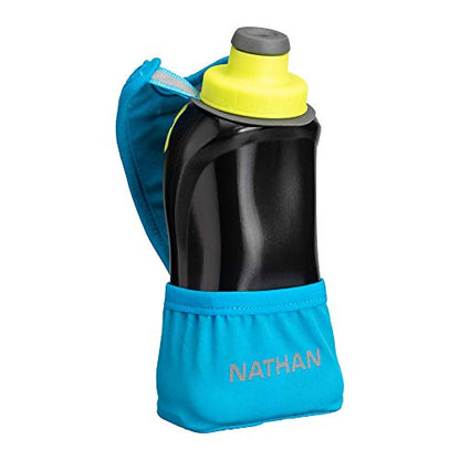 Nathan Running Handheld Water Bottle Adjustable No-Grip Quick Squeeze Lite Hand Strap. Reflective Hydration - color: Finish Lime / Blue Me Away, style: 12oz