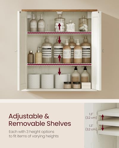 VASAGLE Siren Collection - Bathroom Wall Cabinet, Hanging Bathroom Storage Cabinet, for Medicines, Farmhouse, 2 Adjustable Shelves, 7.9 x 22 x 23.6 Inches, Rustic White and Honey Brown UBBK330WJ01S - color: Rustic White, style: 2Doors(22"W)