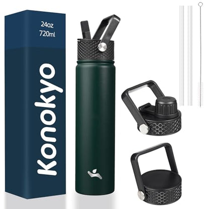 Konokyo 24 oz Insulated Stainless Steel Water Bottle with Straw Lid - color: Army Green, size: 24 Ounces