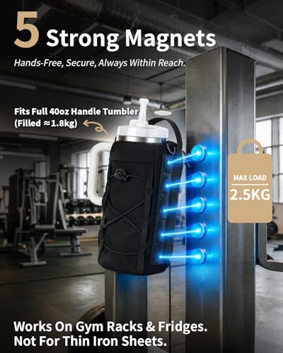 sportsnew 40oz Insulated Crossbody Water Bottle Bag Gym Hiking Phone Pocket - color: Deep Black -Magnetic