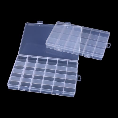 2 Pcs 24 Grids Clear Plastic Organizer Box Fixed Compartment Box Bead Storage Container Jewelry Findings Storage Box Earring Screw Holder Box Small Parts Organizer Case