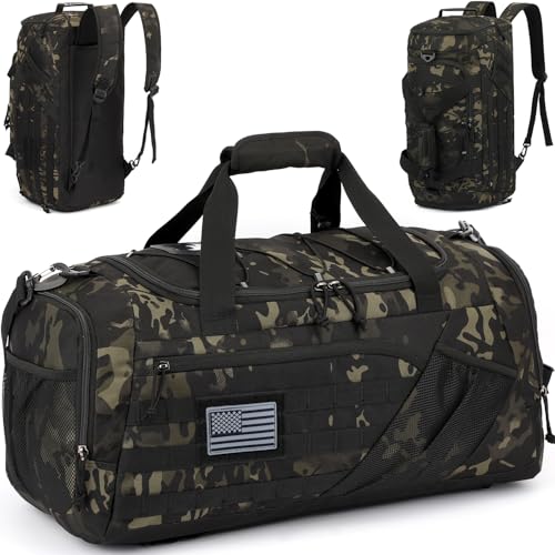 3-in-1 Tactical Gym & Travel Duffle Bag Backpack Men Multi-Functional 45L Military Sports Duffle Bag with Shoe Compartment & Wet Pocket for Workout Weekender Overnight Bag with Molle Webbing, Camo - color: Camo