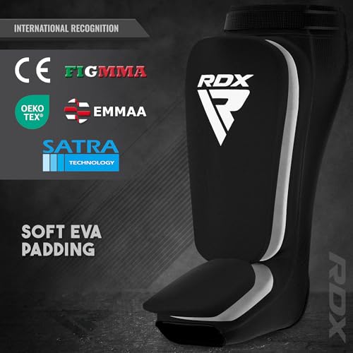 RDX Shin Guards Kickboxing Muay Thai, SATRA Approved, MMA Leg Instep Protection Pads, Sparring Training Martial Arts Boxing, Elasticated Padded Protector, Karate BJJ Taekwondo Gear, Men Women - color: Black, size: X-Large