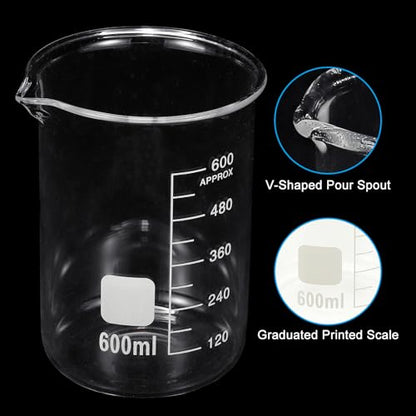 PATIKIL 600ml Glass Beaker, 2 Pack Measuring Glass Beaker Graduated Borosilicate Lab Cups Mug Low Form Heat Safe Transparent with Spout Label for Laboratory Science Kitchen Liquids - size: 600ml