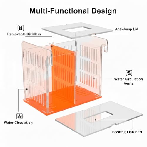 Fish Breeder Box for Aquarium, Acrylic Hatchery Incubator with Long Handle Net - Breeding & Isolation Box for Baby Fish, Shrimp, Betta Guppy, Tank Divider (Orange, 9x5.3x6.7 in)