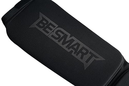 Be Smart MMA Shin Guards for Kickboxing, Muay Thai & Martial Arts – Padded Instep Protection, Lightweight Cotton Elastic Shin Pads – Adult & Youth Training Gear - color: Black/Black, size: Large-X-Large