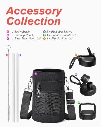 Coolflask Half Gallon Water Bottle Insulated with Straw & 3 Leakproof Lids - color: Magic Black, size: 64 Ounces