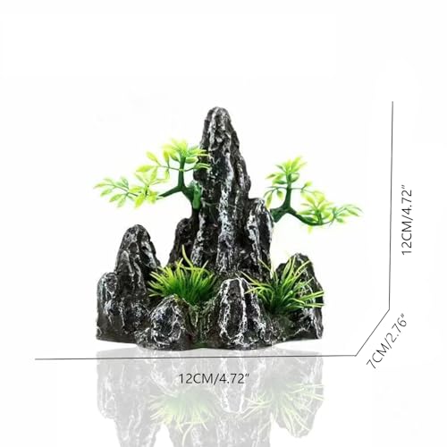 Fish Tank Decorations Aquarium Mountain View Stone Decorations Resin Rock Aquascaping with Hiding Cave, Fish Tank Accessories Aquarium Ornaments with Small Plants (AS)