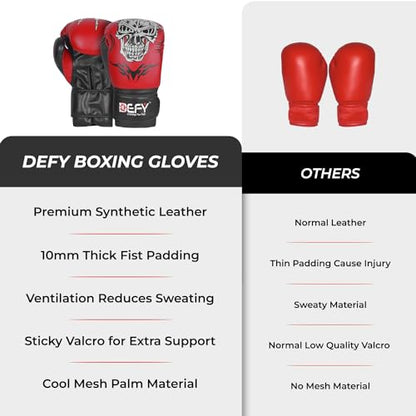 Defy Sports Boxing Gloves for Men and Women - Premium Quality Faux Leather Kick Boxing Gloves – Gel Infused Kickboxing Gloves with Thumb Support - Versatile Usage – Skull Model Design - size: 14 oz