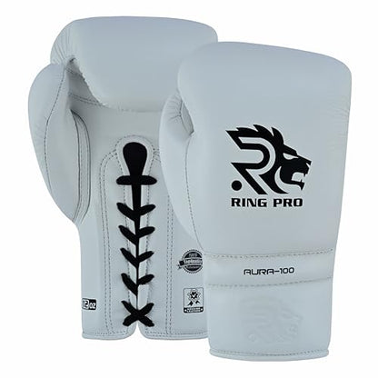 Aura 100 Full Grain Leather Lace Up Boxing Gloves for Men & Women – Professional Training, Sparring, Competition, Muay Thai, Kickboxing & Heavy Bag Gloves - color: White, size: 16 OZ