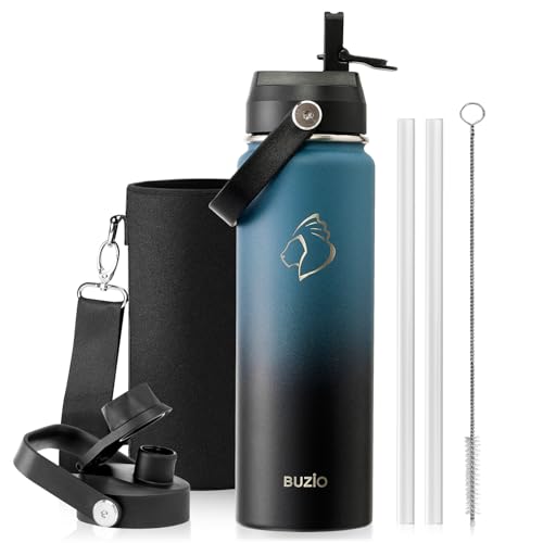 BUZIO 24 oz Insulated Stainless Steel Water Bottle with Straw & Spout Lids | Triple Wall Insulated Tumbler (Dishwasher Safe) ,Cold for 48 Hrs, Wide Mouth, Leakproof, BPA-Free, for Sports, Gym, School - color: Indigo Crush, size: 24 Ounces