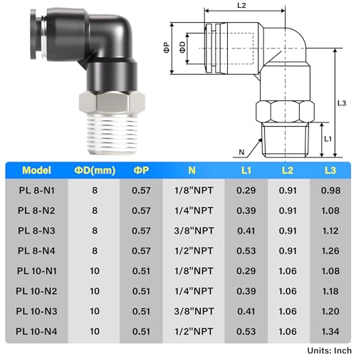 TAILONZ PNEUMATIC Male Elbow 10mm Tube OD x 1/4 Inch NPT Thread 90 Push to Connect Fittings PL10-N2 (Pack of 10) - size: 10mm OD 1/4''MNPT