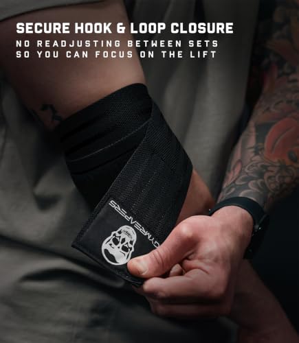 Gymreapers Weightlifting Elbow Wraps (1 Pair) - Flexible 40'' Elbow Compression Strap & Joint Support Brace - for Bench Press, Powerlifting, and Pressing - color: Black