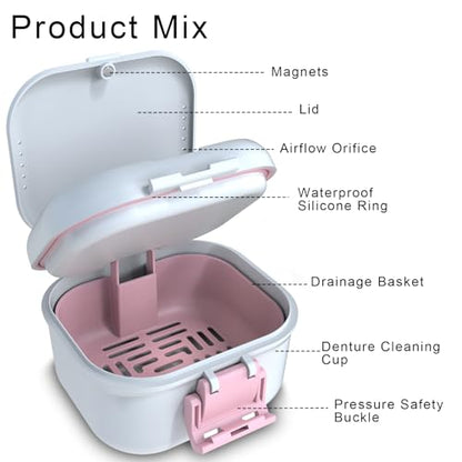 BVN Denture Case with Strainer, Leak Proof Denture Soaking Box | Dental Cup with Storage Compartment, Magnetic Lid & Ventilation Design for Dentures, Retainers and Braces - color: White+pink