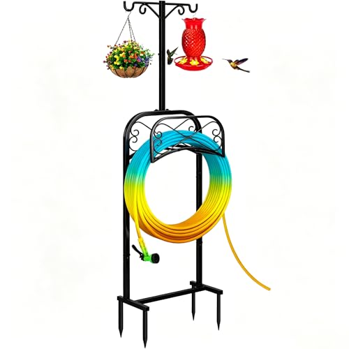 Garden Hose Holder for Outside 70" with 4 Prongs Base & 2 Shepherds Hooks Heavy Duty Freestanding Metal Water Hose Holder Stand Holds Up to 150FT Hose & 44LB Detachable Hose Storage for Yard