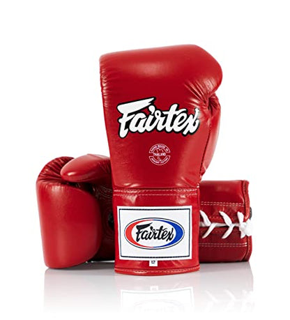 Fairtex BGL6 Locked Thumb Boxing Gloves, Leather Lace Up Muay Thai MMA Gear | Snug-fit hand compartment with ergonomic curves. Minimizes hand fatigue. Built for pro competitions and sparring. - color: Red, size: 16 oz