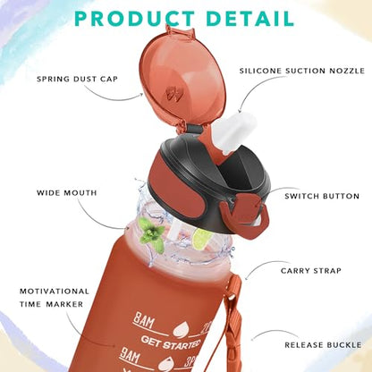 Enerbone 32 oz Drinking Water Bottle with Times to Drink and Straw, Motivational with Carrying Strap, Leakproof BPA & Toxic Free, Ensure You Drink Enough Water for Fitness Gym Outdoor - color: Amberglow