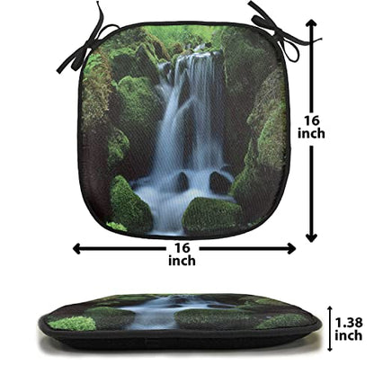 Lunarable Waterfall Chair Cushion Pads Set 12, Flowing Water from Mountains and Stream with Moss Covered Stones Picture, Anti-Slip Seat Padding for Kitchen & Patio, 16"x16", Dark Green White