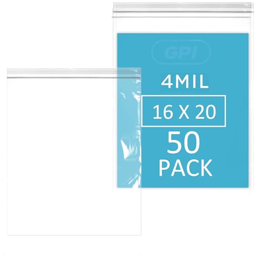 GPI - 16" x 20" Extra Large Reclosable Zip Bags - 4 Mil Heavy-Duty - Pack of 50 - Clear Plastic Zipper Lock Bags, Resealable Poly Baggies For Clothing, Tools, Travel, Storage & Packaging. - color: 4 Mil Heavy-Duty, size: 16" X 20"
