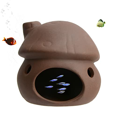 Aquarium Decor Ceramic Mushroom House Ornament Fish Tank Landscape Decoration Pottery Hide Cave Habitat Hut Small Shrimp for Goldfishes to Rest Breed Hiding (Brown) - color: Brown