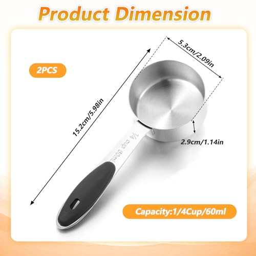 2 Pcs 1/4 Cup Measuring Cups, Stainless Steel 1/4 Cup Scoop, Coffee Measuring Scoop with Plastic Handle, 60ml Liquid Coffee Measuring Cups for Kitchen Cooking Baking Wet Dry Ingredients