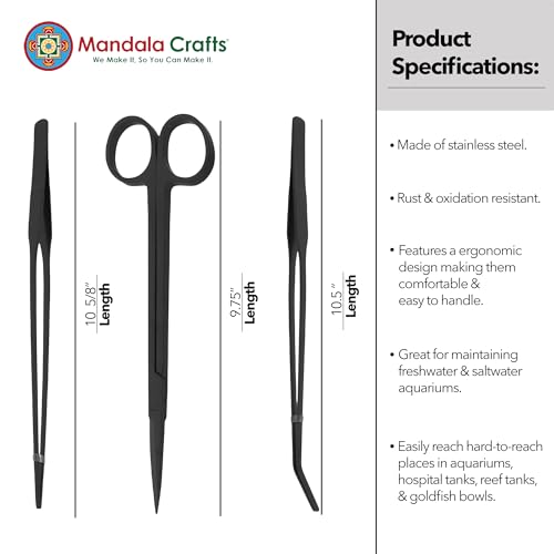 Mandala Crafts Black Stainless Steel Aquascaping Tools Kit – Aquarium Plant Tools with Tweezers and Scissors for Fish Tanks, Hospital Tanks, Goldfish Bowls, Aquariums, and Terrariums
