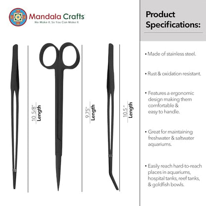 Mandala Crafts Black Stainless Steel Aquascaping Tools Kit – Aquarium Plant Tools with Tweezers and Scissors for Fish Tanks, Hospital Tanks, Goldfish Bowls, Aquariums, and Terrariums