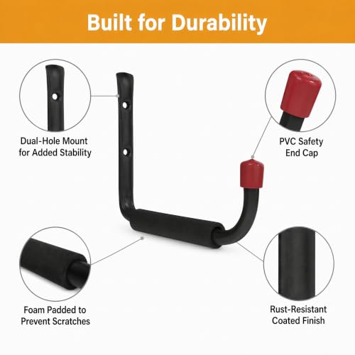 6 Pack Garage Hooks Heavy Duty, Utility Steel Hooks with EVA Foam Padding, 9.48inch Wall Mount J Organizer Hanger for Hanging Bikes Kayak Garden Tool Hose Bike Shelf - size: 9.48inch