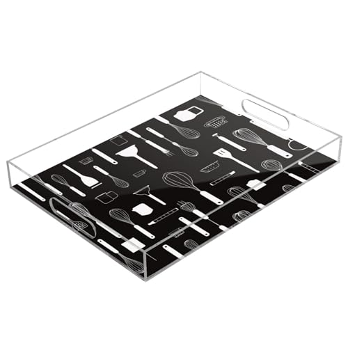 Acrylic Tray Clear Serving Vanity Ottoman Bathroom Coffee Table Countertop Organizer Raised Edge Spill Proof Spatulas Spoons Whisks Black - color: Spatulas Spoons Whisks Black