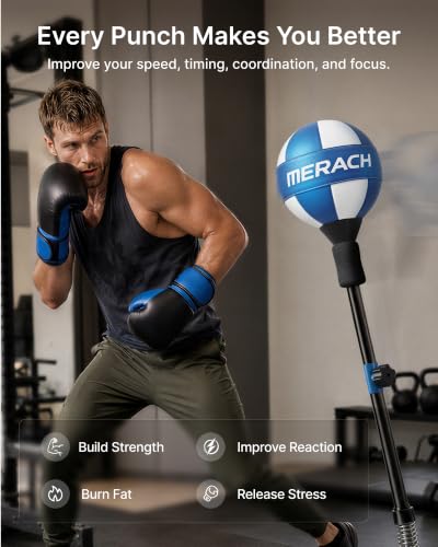 MERACH Punching Bag with Stand, 8 Suction Cups 53-62 Height Adjustable | Stress Relief, Sand Filled Base, Carbon Steel Spring, Fast Rebound, Easy Assembly, Home Gym Boxing Equipment (Blue & White)