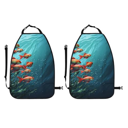 Fish Aquarium Car Kick Mats Backseat Organizer, 2 Pack Backseat Protector for Car, Heavy Duty Waterproof Seat Back Cover with 3 Mesh Pockets, Auto Seat Accecories for Pets Kids