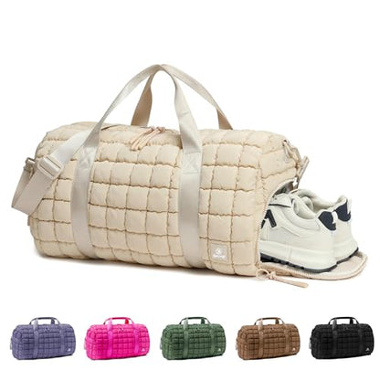 Quilted Gym Bag for Women,Duffle Bag for Travel with Wet Pocket,Carry on Weekender Bags for Women,Travel Bag with Shoe Compartment(Beige) - color: Beige