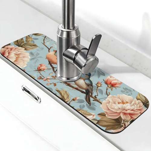 Faucet Draining Mat For Kitchen Sink, Blue Birds Peonies Flowers Diatom Mud Absorbent Drain Pad For Bathroom Kitchen Sink Splash Guard Drying Mat - color: Blue Birds Peonies Flowers