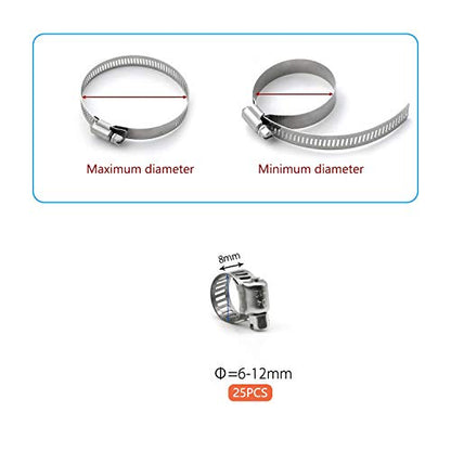 Hose Clamp, 25 Pack Stainless Steel Worm Gear fuel line hose clamps, 6-12mm (1/4-1/2 inch)