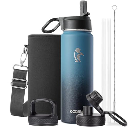 Coolflask 24 oz Insulated Water Bottle with Straw & 3 Leakproof Lids - color: Samurai Cyan, size: 24 Ounces