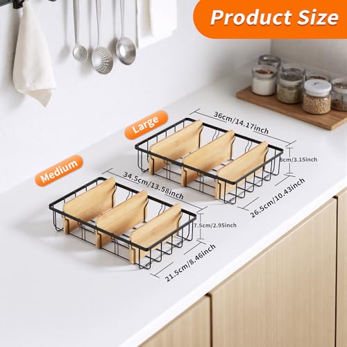 2-Pack Adjustable Lid Organizers - Large Kitchen Cabinet Organizer for Food Storage Container and Tumbler Cup Lids with 6 Bamboo Dividers -Organizers in Kitchen/Pantry/Laundry Room(Size:M+L)