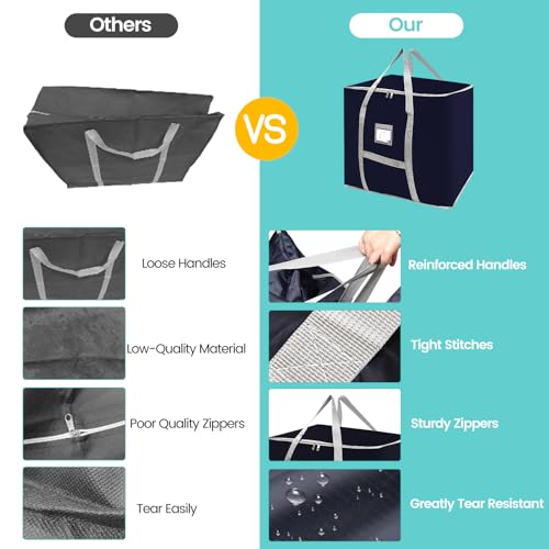 3 Pack 75L Heavy Duty Moving Bags, Large Tote Bags, Space Saving, for Storage & Moving, with Reinforced Handles & Sturdy Zippers (Blue)