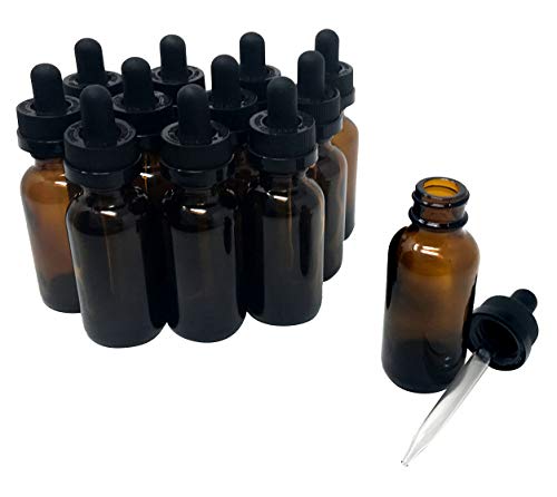 1 Oz (30 mL) Amber Glass Bottles with CRC (Child Resistant Cap) Eye Droppers [Pack of 12] - color: Amber