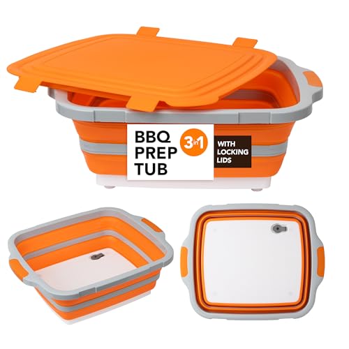 Tiawudi Large Collapsible BBQ Prep Tub with Locking Lid, Basket for Meal Prep Marinating Food Storage, Plastic Cutting Board(4.22 Gal/16L), Camping Sink with Colander, Dish Basin - color: Orange, size: 20"L x 16.3"W