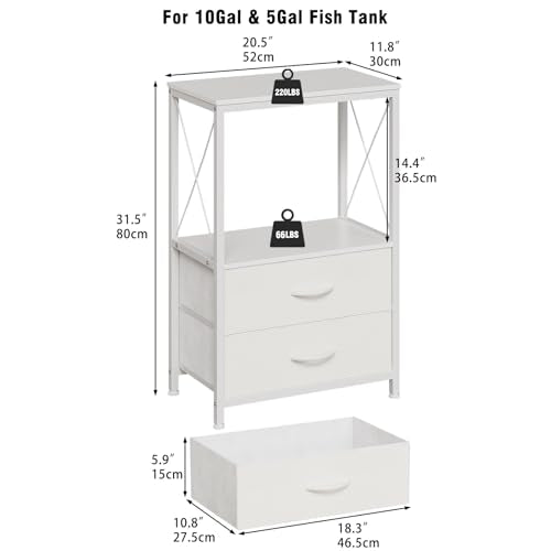 Fish Tank Stand 10 Gallon with 2-Tier Shelf, Aquarium Stand with 2 Drawers, Metal Frame Heavy Duty Reptile/Turtle Tank Stand for Home Office, Fish Tanks Accessories Storage, White