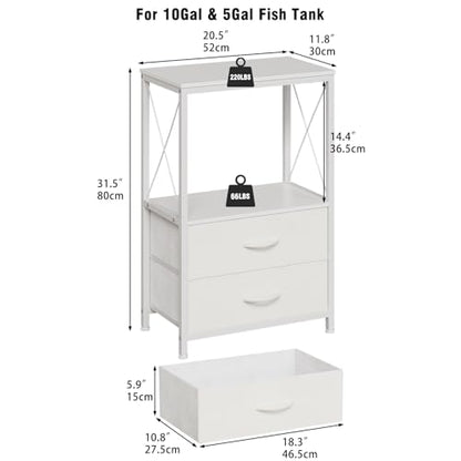 Fish Tank Stand 10 Gallon with 2-Tier Shelf, Aquarium Stand with 2 Drawers, Metal Frame Heavy Duty Reptile/Turtle Tank Stand for Home Office, Fish Tanks Accessories Storage, White