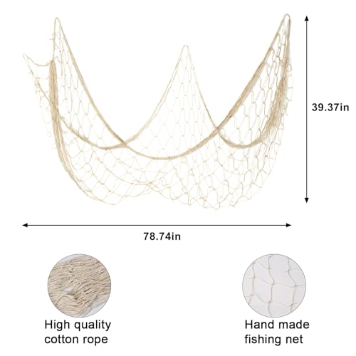 18 Pieces Natural Fish Net Decorations, Fish net Decor, Wall Hanging Cotton for Underwater, Mermaid, Pirate, Hawaiian, Nautical Ocean Theme Beach Bash Party Decoration (Beige)