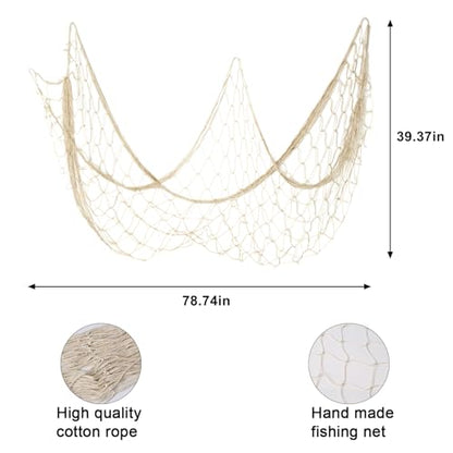 18 Pieces Natural Fish Net Decorations, Fish net Decor, Wall Hanging Cotton for Underwater, Mermaid, Pirate, Hawaiian, Nautical Ocean Theme Beach Bash Party Decoration (Beige)