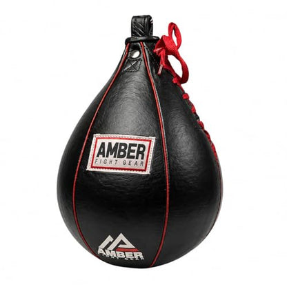 Amber Fight Gear Leather Boxing Punching Speed Bag | Genuine leather shell, welted triple-stitched seams, latex inner bladder, black finish, 4 size options from XS to Large - size: Small (6"x9")
