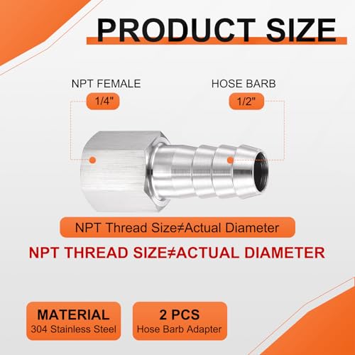 2 Pack Stainless Steel Hose Barb to NPT Female Adapter, 1/2" Barb x 1/4" NPT Female for Industrial, Automotive, Fluid Transfer, Home Gardening, and Water Treatment - size: 1/2" Barb To 1/4" NPT Female