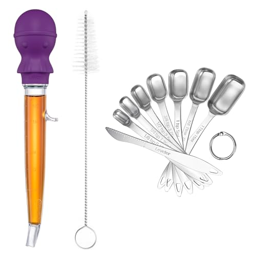 U-Taste 228.2℉ Heat Resistant Food Grade 1.5oz Angled Turkey Baster, and 18/8 Stainless Steel Square Measuring Spoons Set of 8 (Purple+Silver)