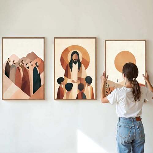 KYLESONLIE Large Jesus and Disciples Framed Canvas Wall Art Set, Boho Christian Bible Posters Wall Decor, Minimalist Religious Faith Art Paintings for Living Room Bedroom Dining Room Church 16"x24"x3